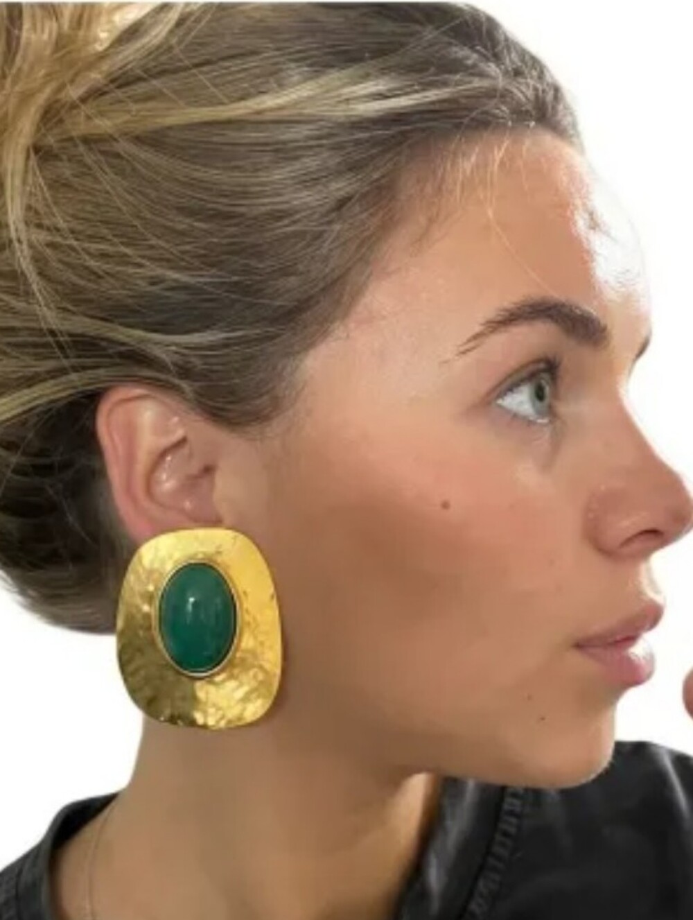 New! Hammered Gold & Green Style Cabochon Statement Earrings #1002 NWOT
